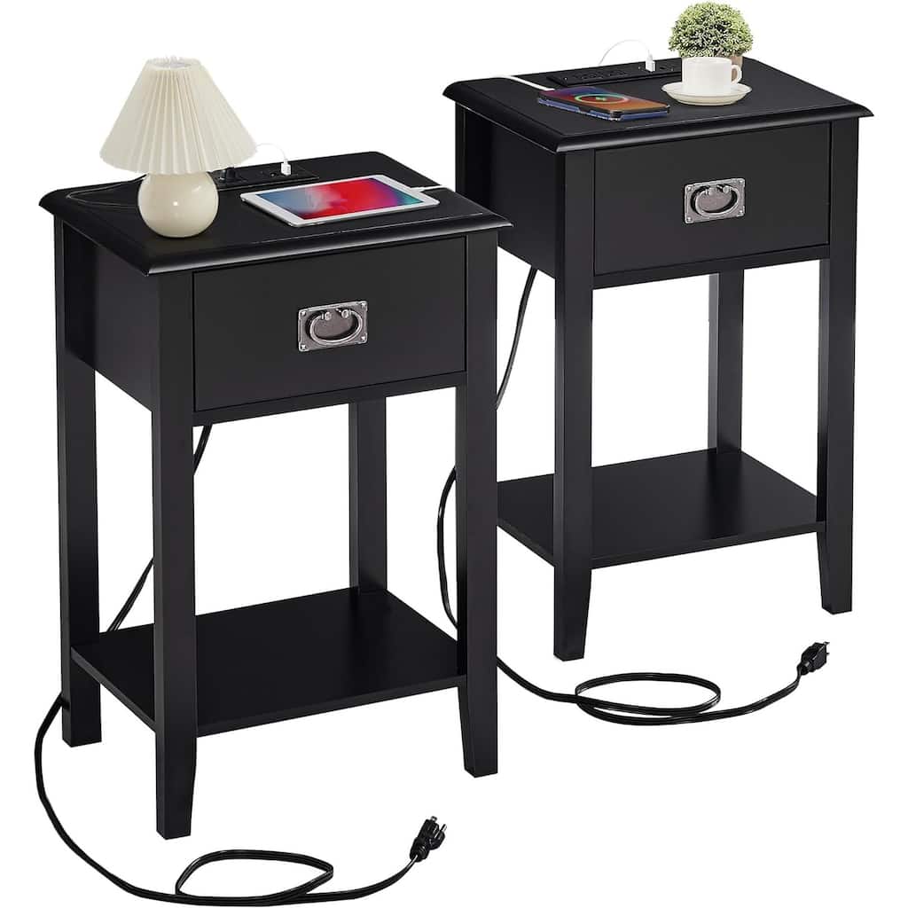 VECELO Retro Style Black Nightstand Set of 2 with Charging Station 2 AC Outlets & 2 USB Ports Drawer & Open Shelf
