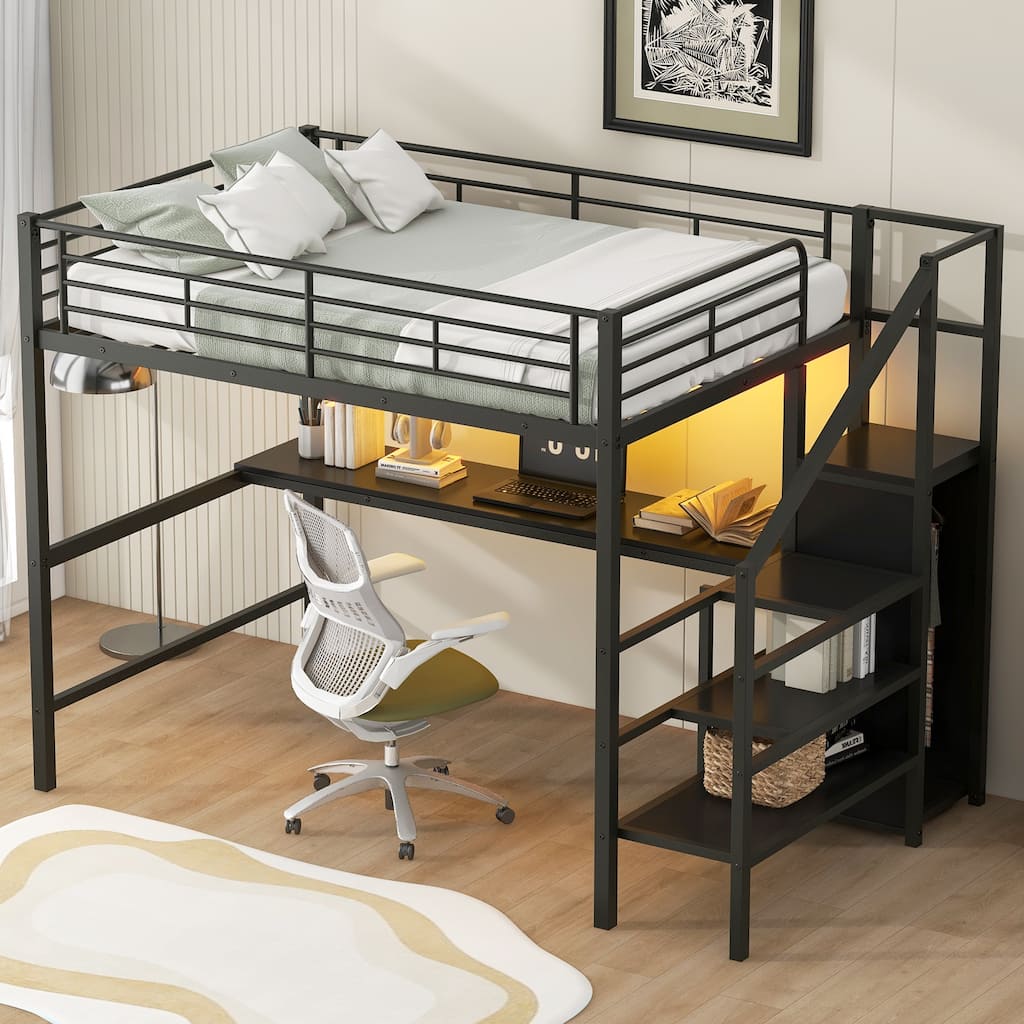 Black Metal Loft Bed Frame with Desk, Wardrobe, Storage Staircase, LED Light, Full Size Hight Bedframe with Metal Slat Support