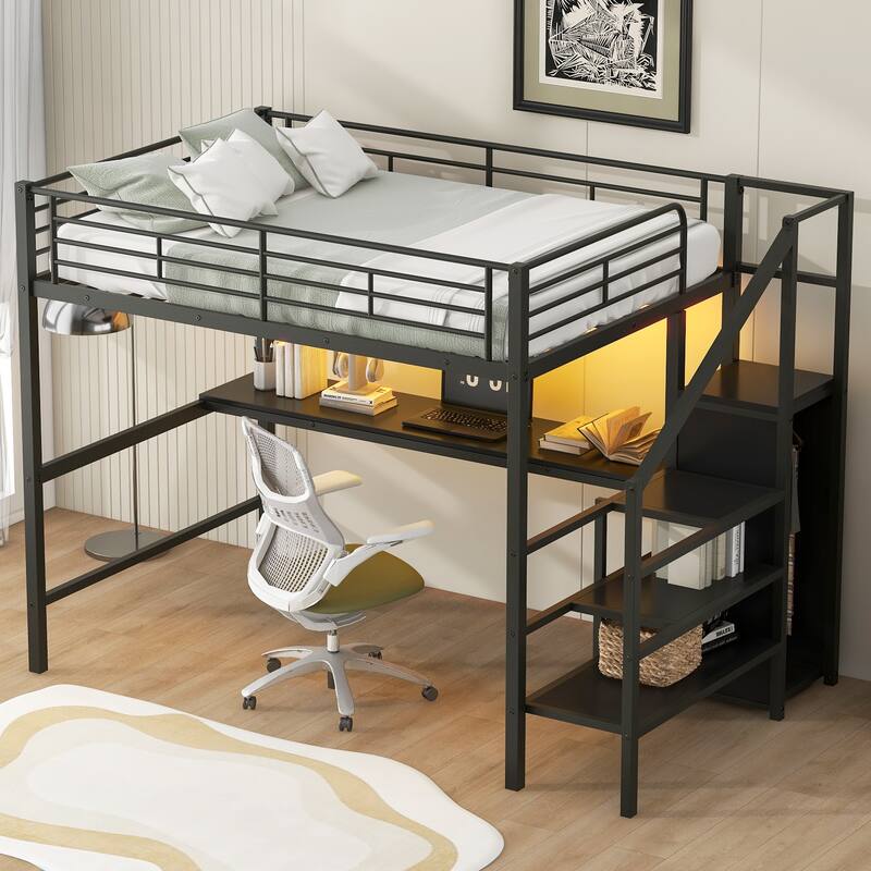 Full Size LED Loft Bed Frame, Industrial Metal High Loftbed with Built In Desk, Storage Staircase and Small Wardrobe