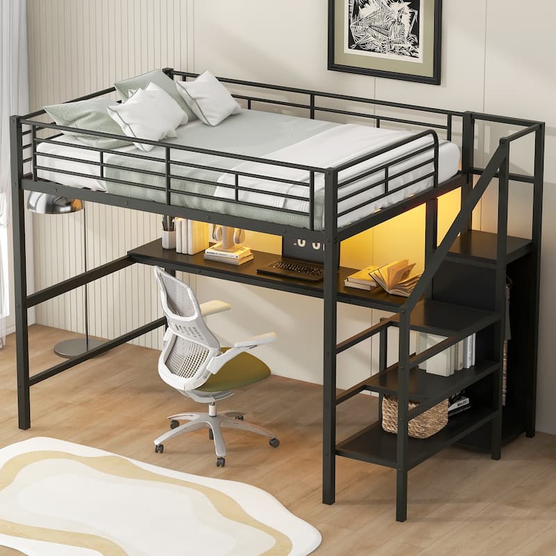 Full Size Metal Loft Bed with Study Desk & Storage Stairs - Space-Saving Design with Wardrobe & LED Light
