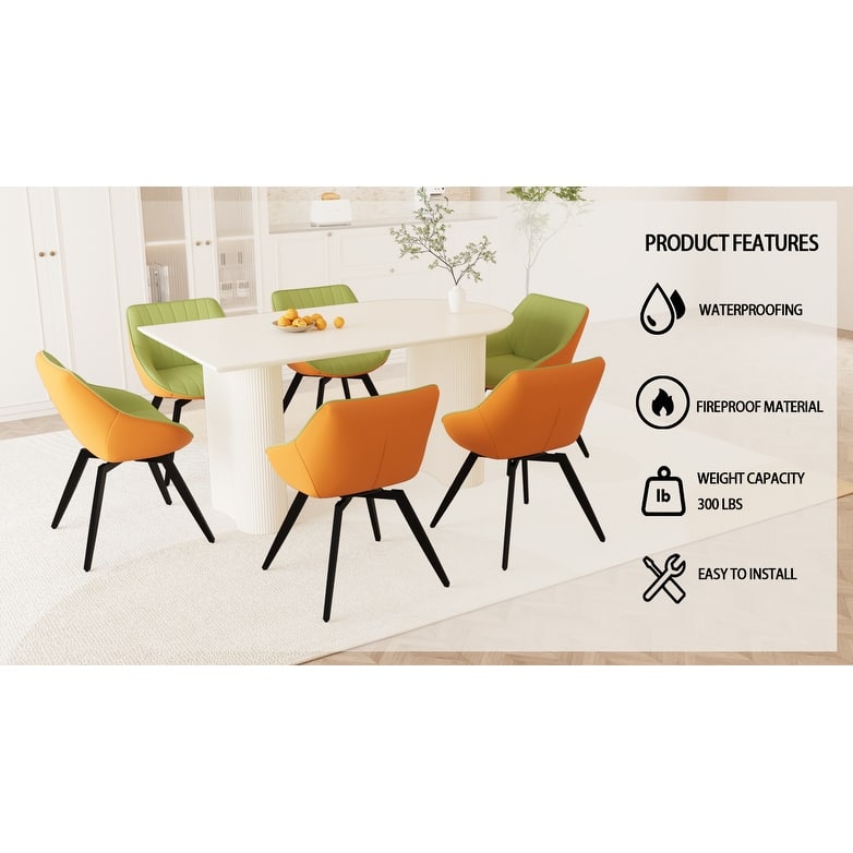 Modern Round Dining Table Set with Carved Legs and PU Leather Chairs, 7-Piece Kitchen Table Set for 4 for Dining Room