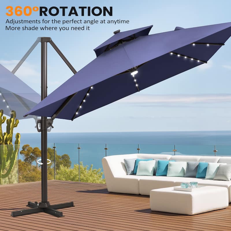 10X13 FT Outdoor Cantilever Patio Umbrella Solar LED Light with Rod Base