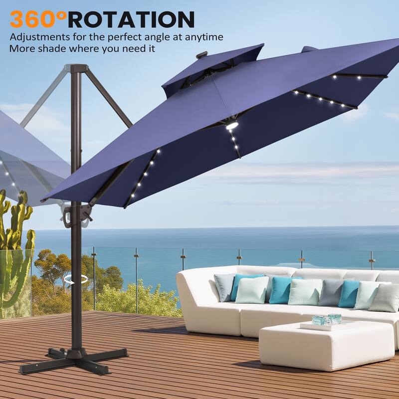VredHom 9x11 FT Daul Top Rectangular Outdoor Patio Cantilever Umbrella Solar LED Lighted with Rod Base