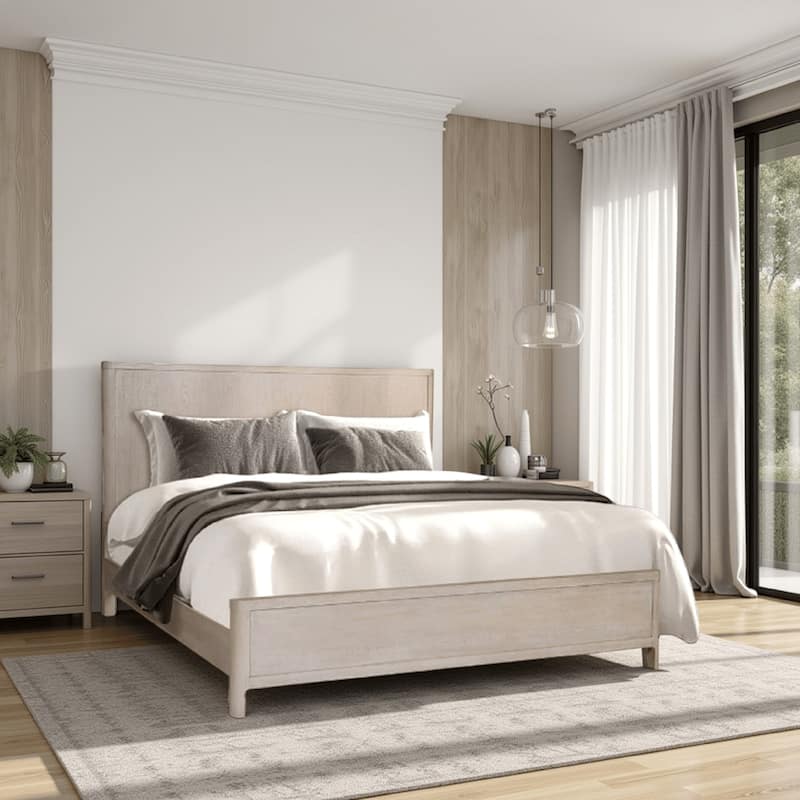 Reham Queen Size Bed, Rounded Edges, White Wash Brown Rubberwood Frame