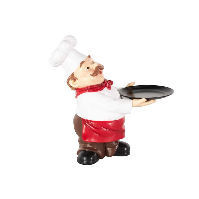 White Polystone Kitchen Decorative Figurine Chef Sculpture with Black Tray