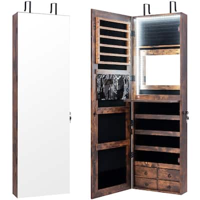 Gymax Mirror Jewelry Cabinet 96 LED Lights Wall Door Mounted Armoire