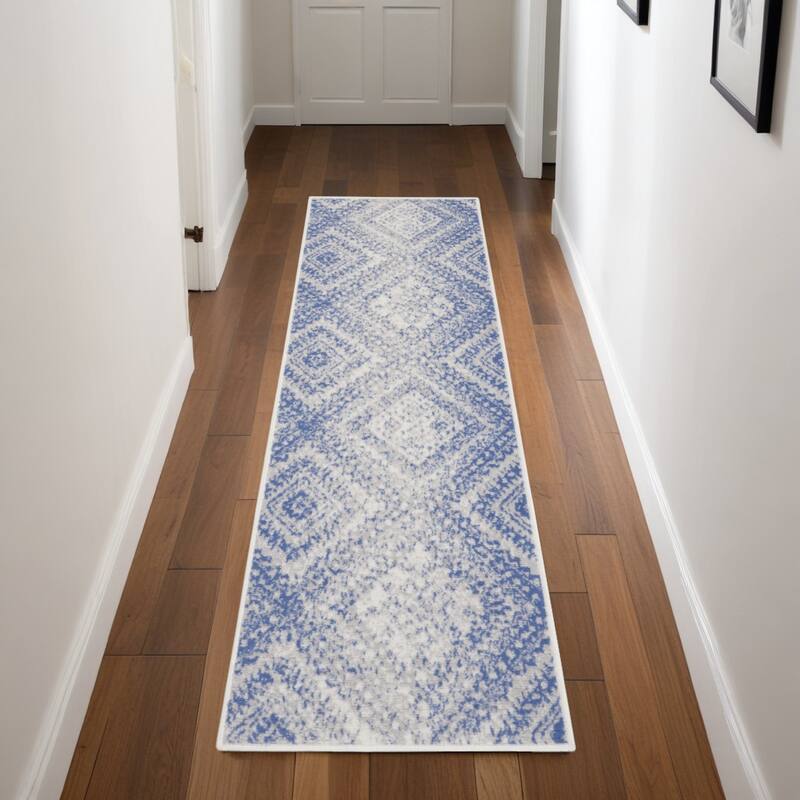 Power Loomed Distressed Geometric Modern Non Skid Stain Resistant Area Rug - 96' X '24' X '0.39 - Oxford Blue - Runner