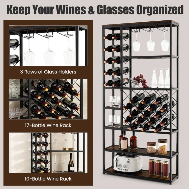 Industrial Floor Wine Rack with 3 Rows of Stemware Racks - 32" x 9" x 65.5"