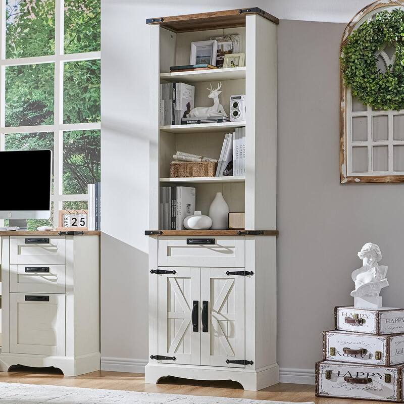 72" Tall Farmhouse Bookshelf, Bookcase, Office Wood Bookshelf - Antique White