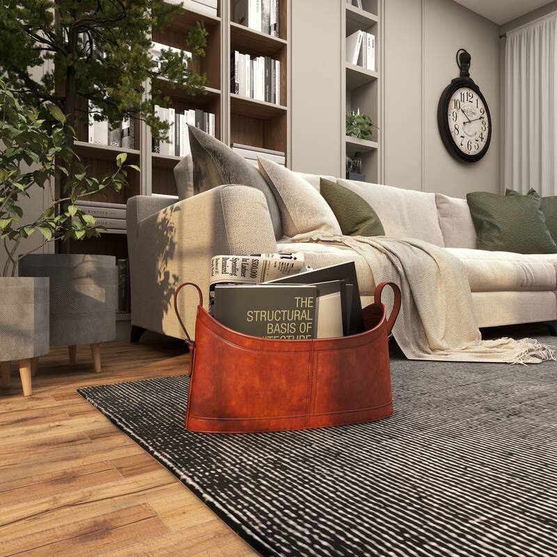 Brown Leather Handmade Box Style Single Slot Magazine Holder with Detail Stitching and Curved Handles