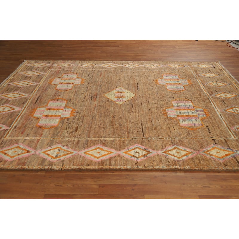 Moroccan Oriental Area Rug Hand-Knotted Brown Modern Wool Carpet - 7'0" x 9'6"