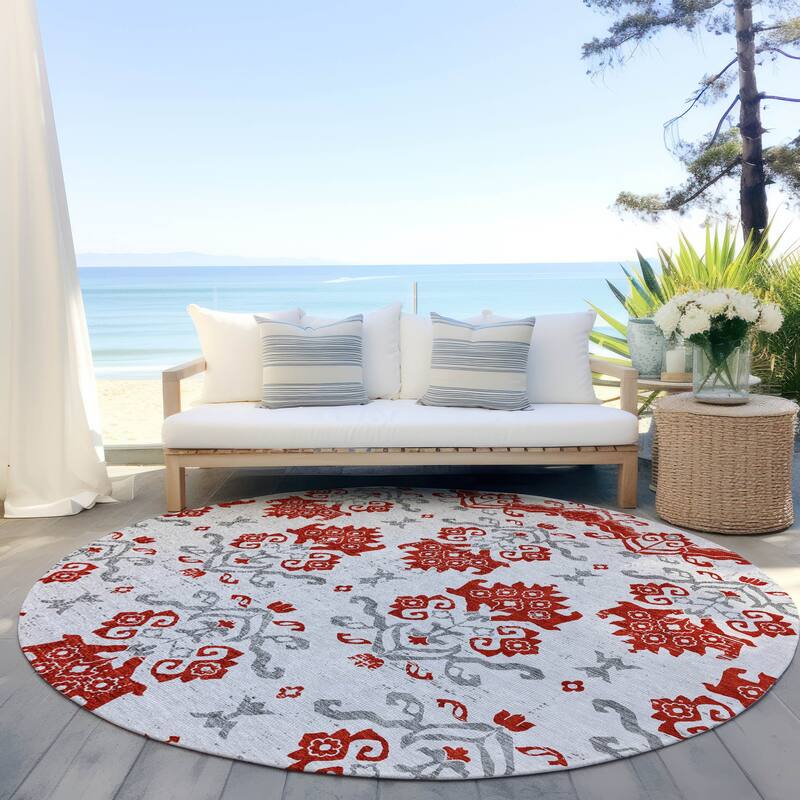 Machine Washable Indoor/ Outdoor Chantille Medallion Damask Rug - Red - 8' x 8'