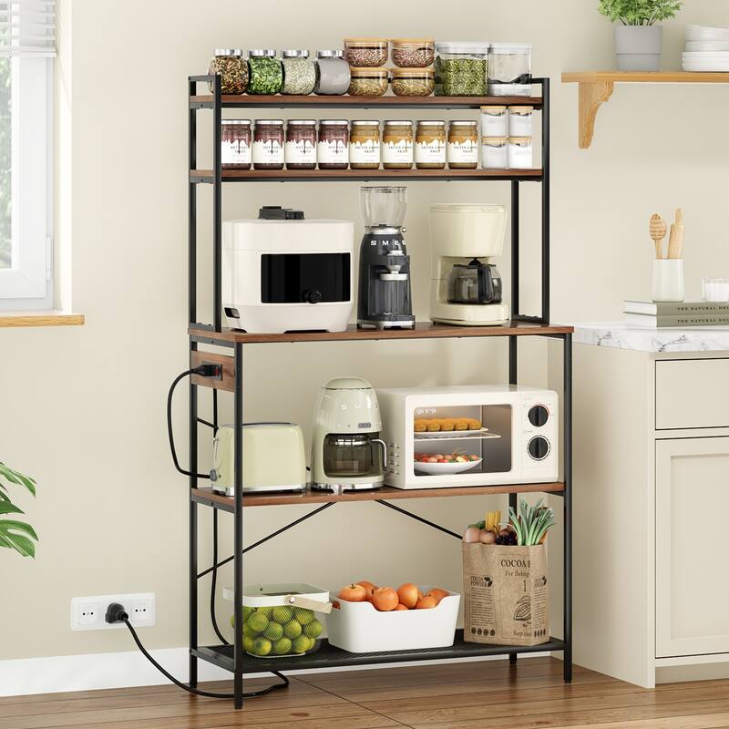 Large 5-Tier Bakers Rack with Electrical Outlets, 39 Inch Microwave Stand & Coffee Bar, Kitchen Storage Shelf for Home - Walnut