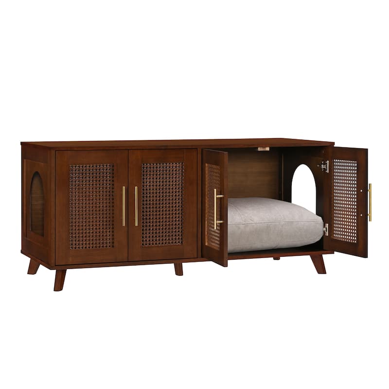 Christopher Knight Home - 47"W Rubber Wood Cat Cabinet with Rattan Doors & Cushion