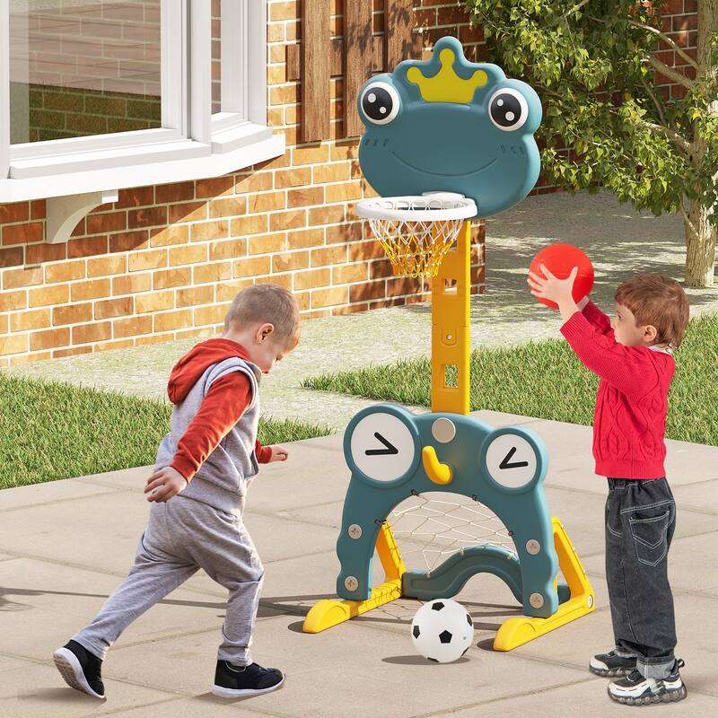 Green HDPE 4-in-1 Kids Sports Center with Adjustable Basketball Hoop and Toys - 21.5" L x 20.5" W x 44.5"-58" H