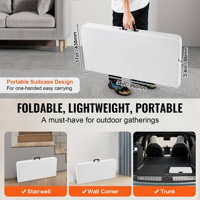 White HDPE Folding Card Table with Handle for 4 Players, Indoor or Outdoor - 34” L x 34” W x 29.13” H