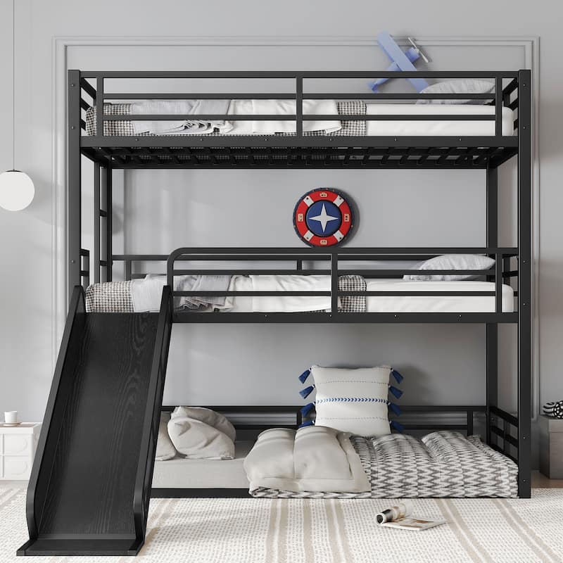 GDFStudio - Rock Triple Bunk Bed with Slide, Guardrails, Durable Noise-Free Frame - Black + 3 Twin XL