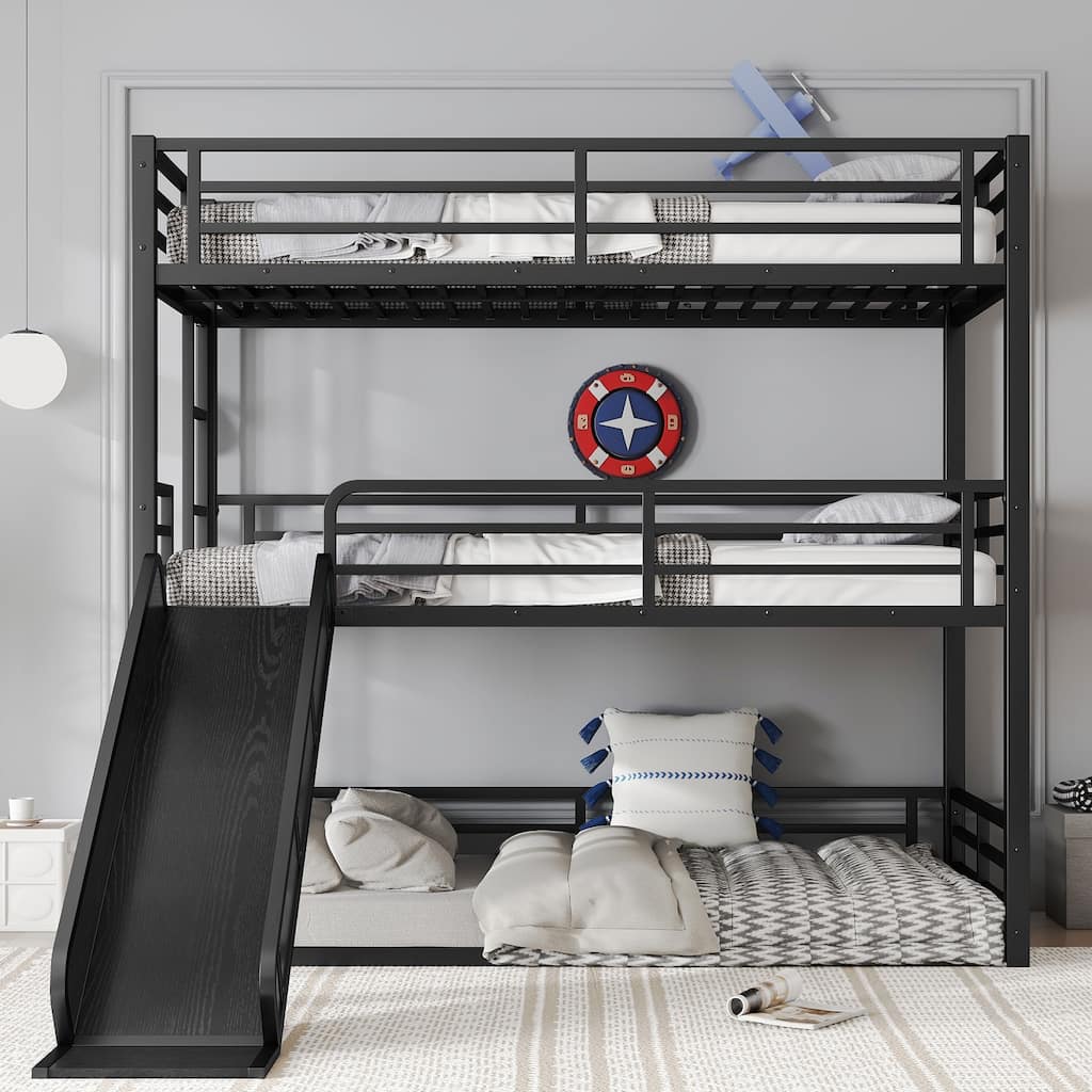 Roomfitters Twin/Full/Queen Metal Triple Bunk Bed with Slide, Safety Guardrails, Heavy-Duty Noise-Reduced Frame, Black