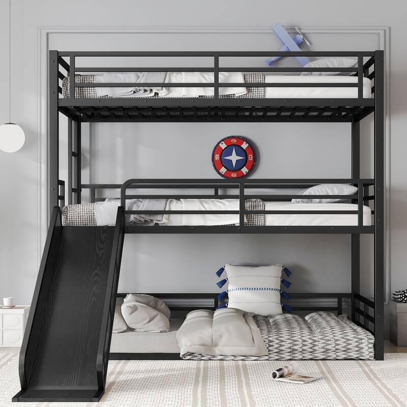 Twin/Twin/Full Triple Bunk Bed with Slide - Metal Frame, Safety Guardrails, Noise-Reduced (Black) - Twin XL