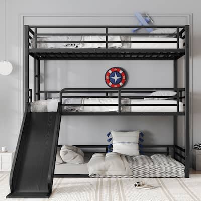 Twin XL over Twin XL over Twin XL Bunk Bed with Slide, Metal Triple Bunk Bed with Safety Guardrails, Noise-reduced Design
