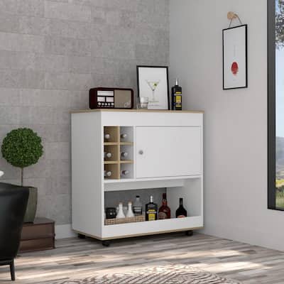 Lotus Bar Cart, Six Bottle Cubbies, One Cabinet, Four Casters, Light Oak / White