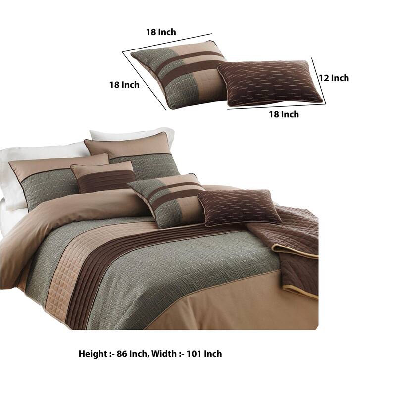7 Piece King Polyester Comforter Set with Pleats and Texture, Gray and Brown