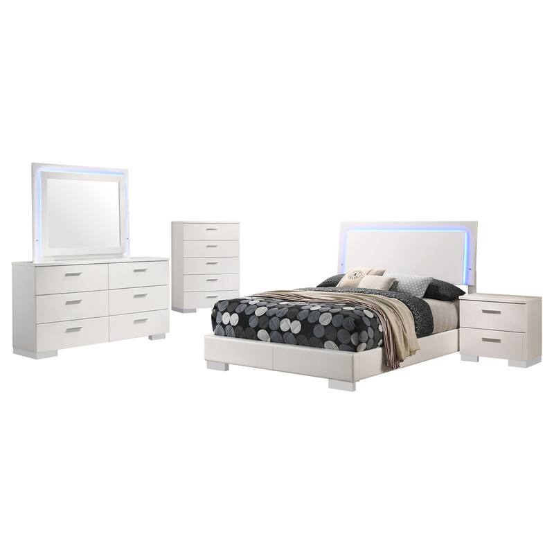 Sok 5pc Full Bedroom Set, Blue LED Lights, Faux Leather, White Wood