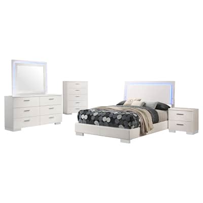 Sok 5pc Full Bedroom Set, Blue LED Lights, Faux Leather, White Wood