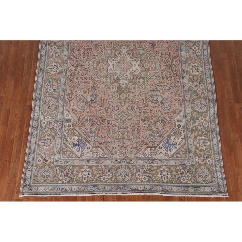 Pink Geometric Tabriz Persian Vintage Rug Hand-Knotted Wool Carpet - 6'5" x 9'9"