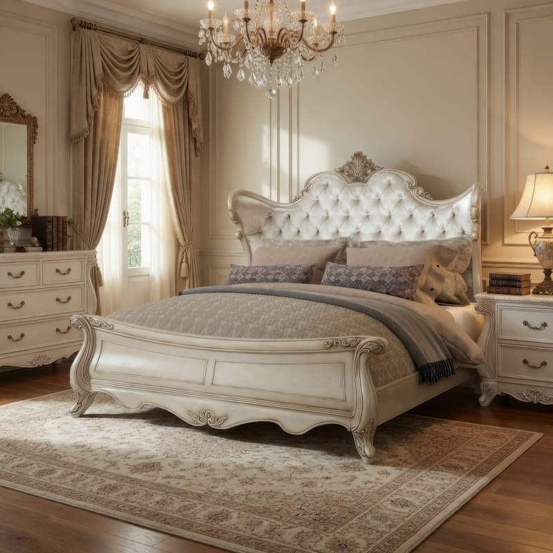 Moen King Size Bed, Tufted Polyester Upholstery, Carved Wood, Champagne
