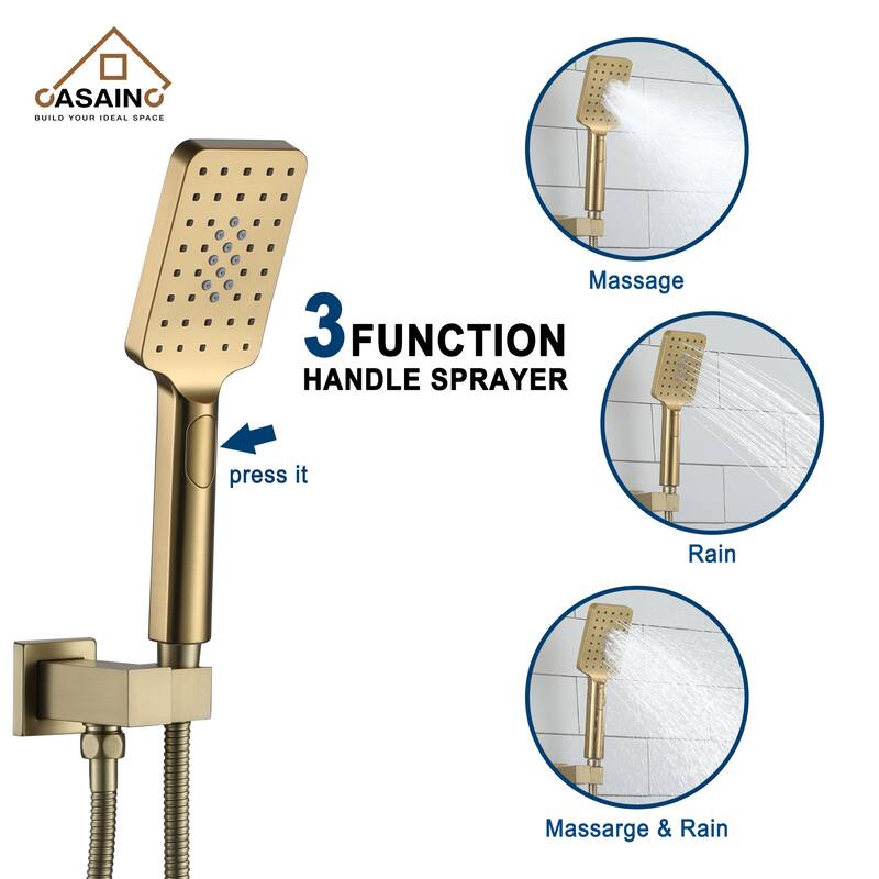 3-Spray Pattern 12 in. Wall Mount Shower System in Brushed Gold