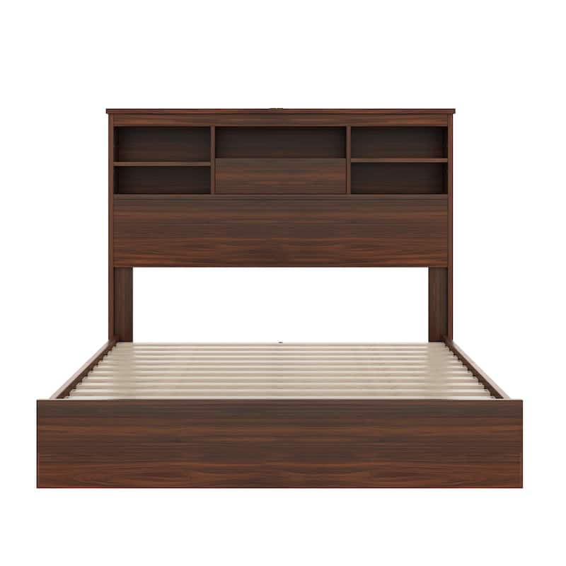 Roomfitters 4-Piece Bedroom Set, Wooden Queen Size Bed with Storage Headboard and Charging Station
