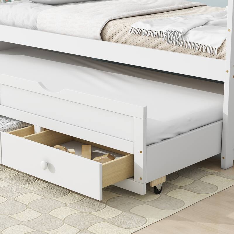 Twin Size Bed Frame Wood Platform Bed with Trundle and 3 Storage Drawers