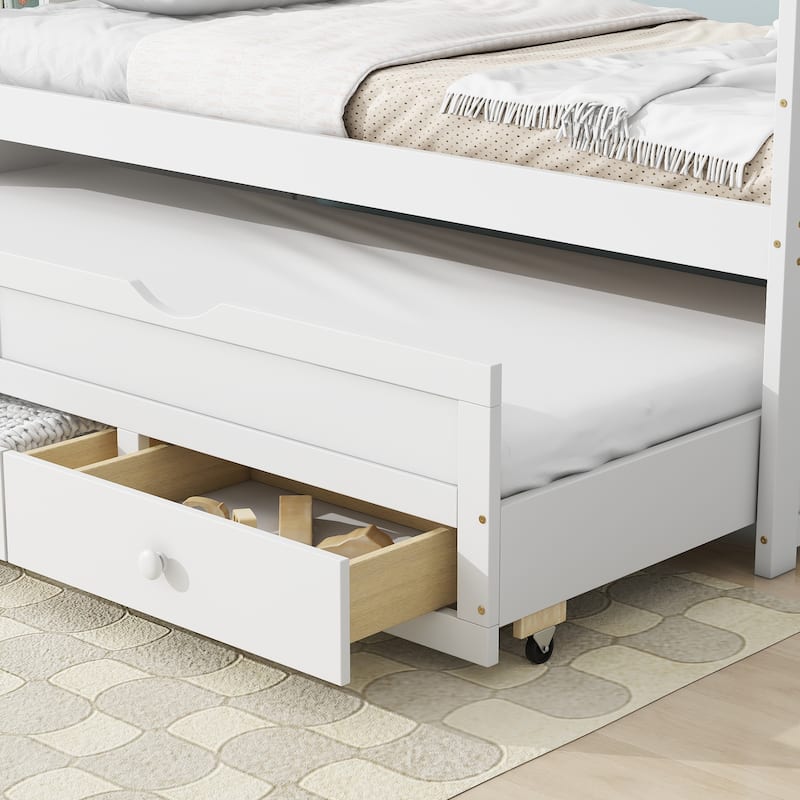 Twin Size Pine Wood Bed Kids Daybed Storage Bed with Trundle Bed, 3 Storage Drawers, Headboard and Footboard for Children's Room