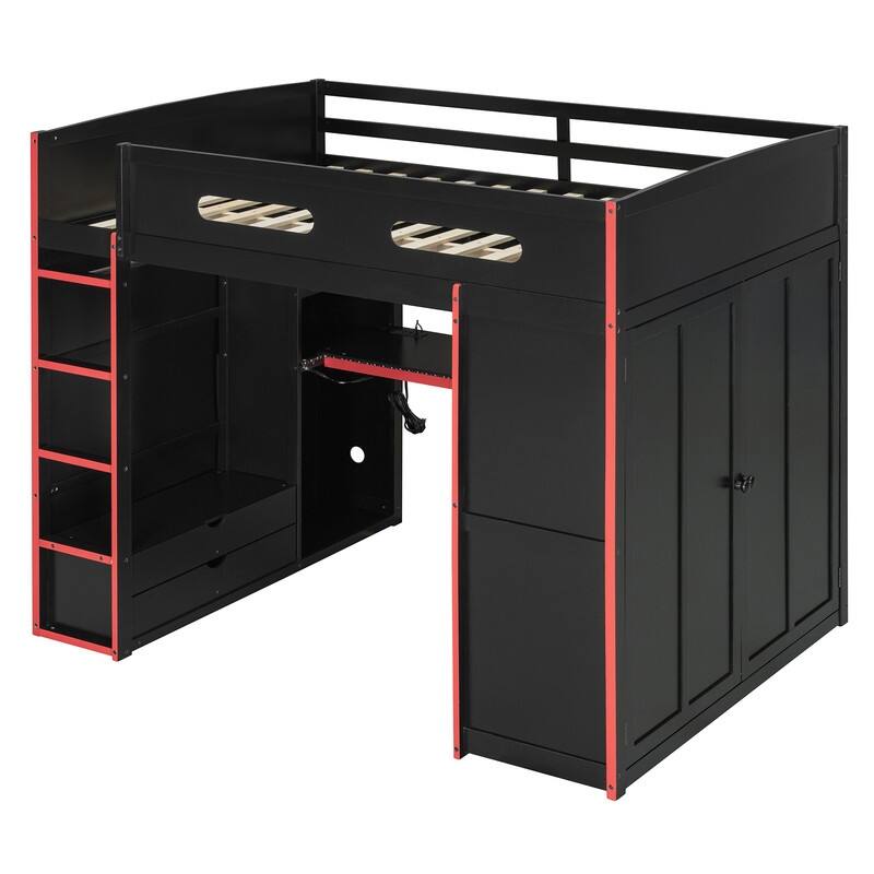 Full Size Wood Loft Bed with Desk,Wardrobe,Ample Storage Space,and RGB LED Light