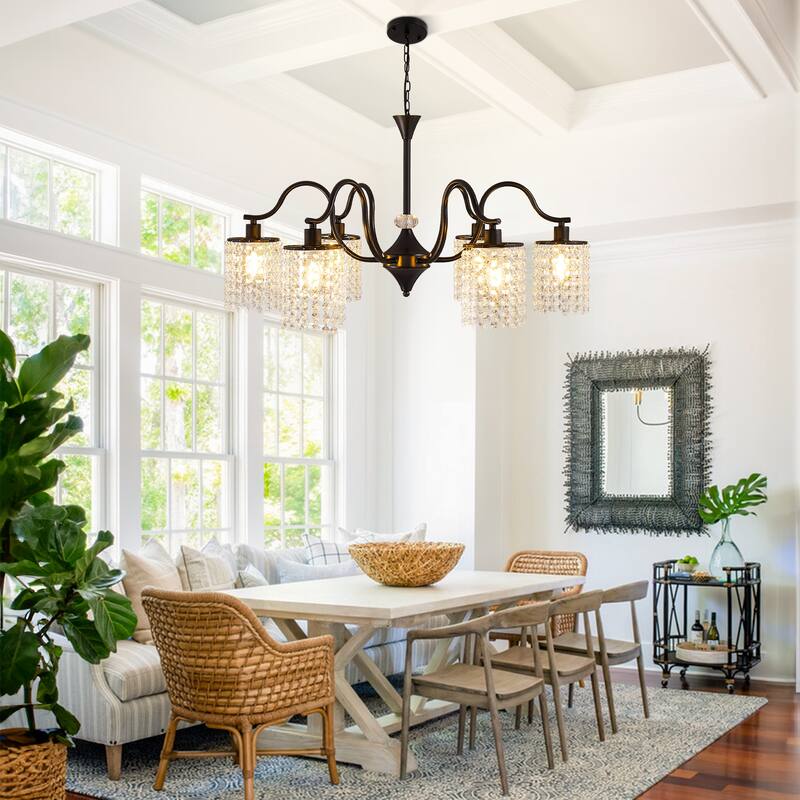 Modern Farmhouse Vintage Crystal Chandelier, 6-Light Rustic Kitchen Island Light Fixture