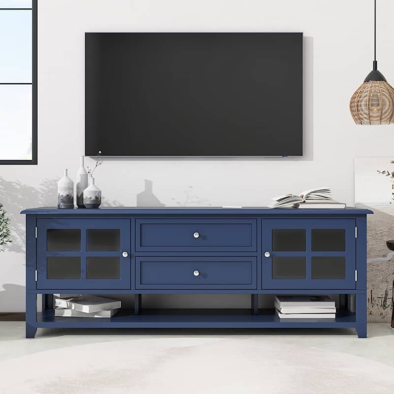 60-inch Mid-Century 2-Drawer TV Stand with 2 Doors and Shelf - Blue