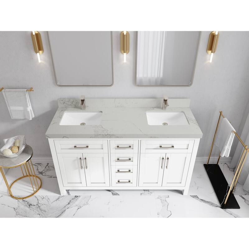 Willow Collections 60 in. W x 22 in. D Cambridge Double Sink Bathroom Vanity with Countertop - 2" Calacatta Nuvo - White
