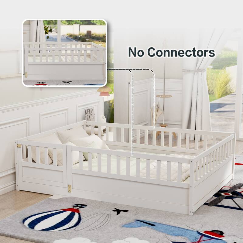 Full Size Wooden Children's Floor Bed with Sturdy Fence, Montessori-Inspired French Pine Bed Frame for Enhanced Safety