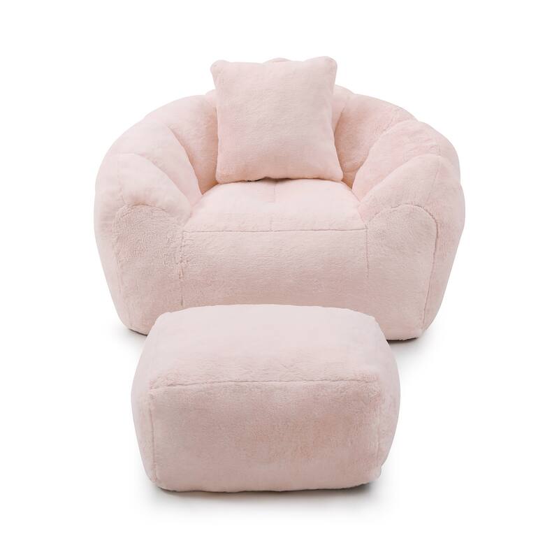 Bean Bag Chair With Footstool, Oversized Bean Bag,Faux Fur Shell-Shaped Large Chair With Filler,Stuffed Big Accent Sofa