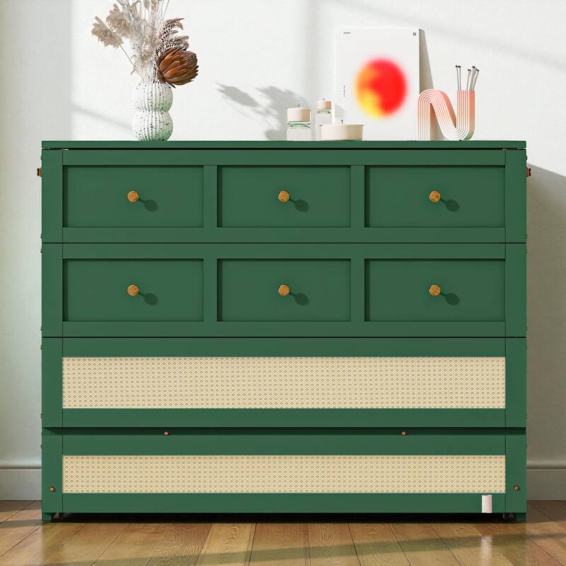 Full Size Murphy Bed with Large Storage Drawers, Space-Saving Foldable Wall Bed with Elegant Front Design - Green - Full