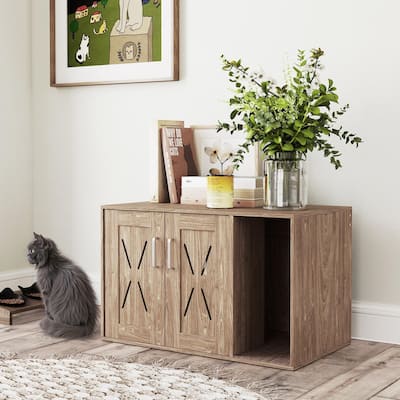 Walnut Brown Cat Litter Box Enclosure with Scratching Board and Barn Door Design Use as Side Table