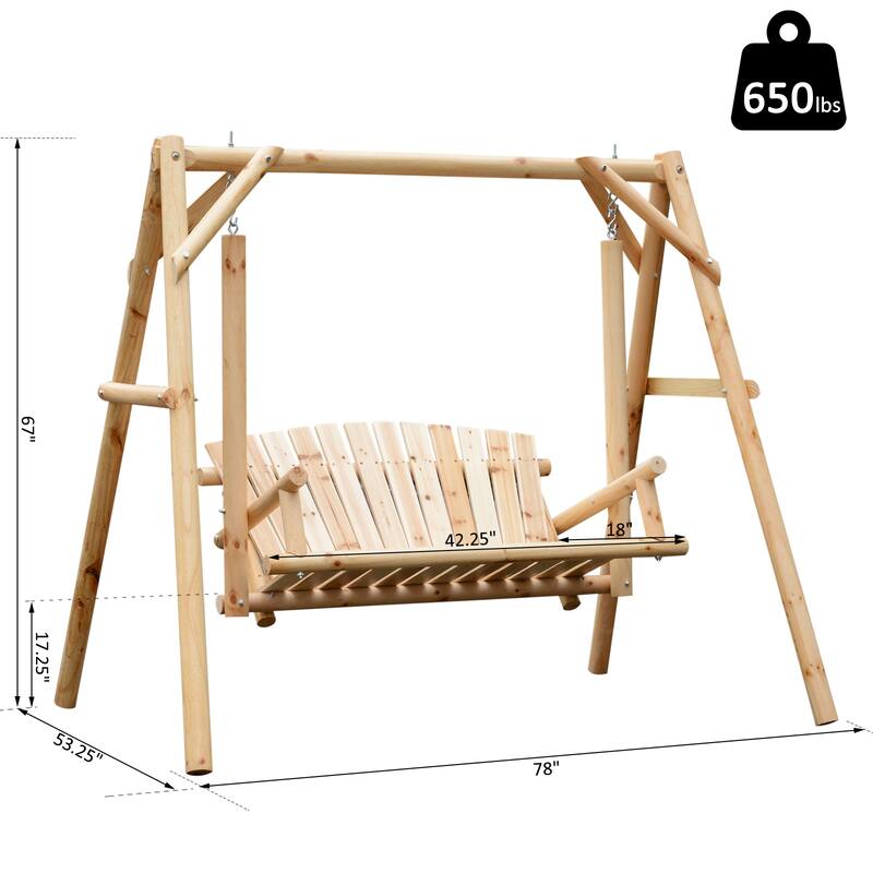 Outsunny 6.5' Outdoor Rustic Loveseat 2 Person Freestanding Solid Wood Natural Log Garden Swing