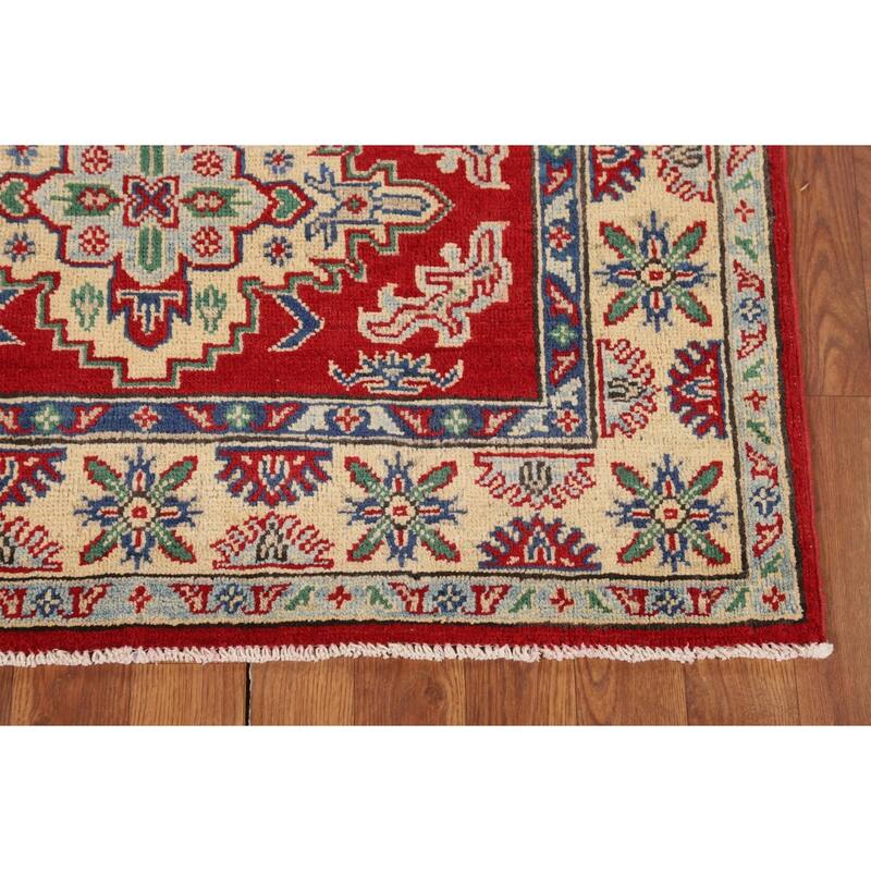 Red Geometric Kazak Foyer Rug Hand-Knotted Oriental Wool Carpet - 3'5" x 5'2"