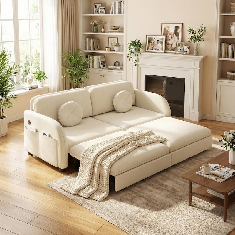 Homy Casa 3-in-1 Convertible Sleeper Sofa Bed, Pull-Out Couch w/ USB, Side Pocket & 4 Pillows, Chenille, 2/3/4-Seat