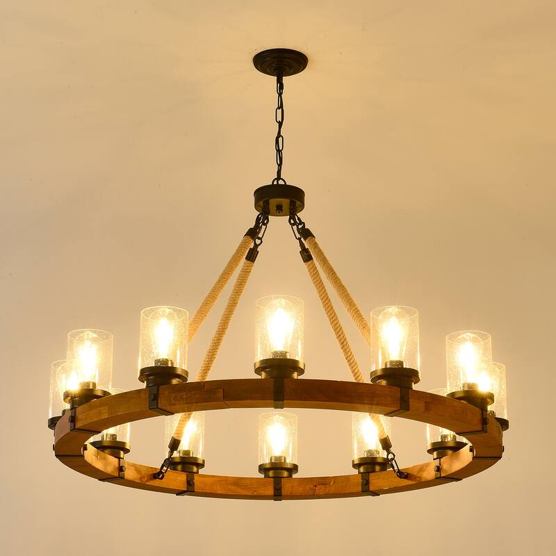 12-Light Rustic Wagon Wheel Chandelier,39Wooden Pendant Light with Seeded Glass Shade,SolidWood Design-NO INCLUDED BULBS