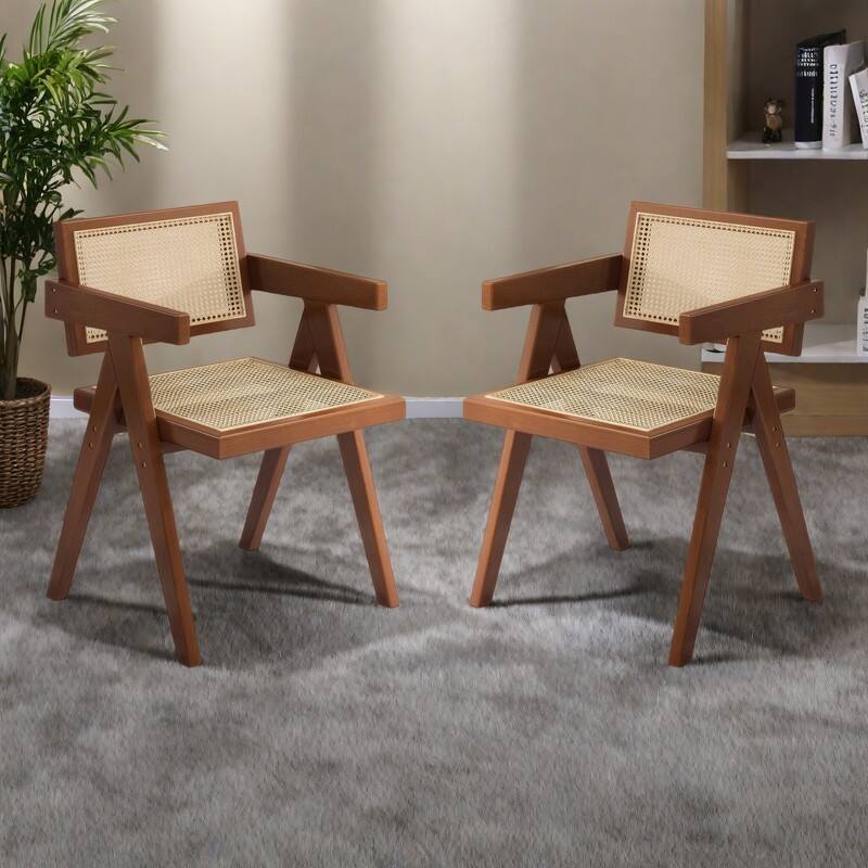 Rubber Wood Mid-Century Accent Chairs with Rattan Backs and Armrests（Set of 2） - Walnut