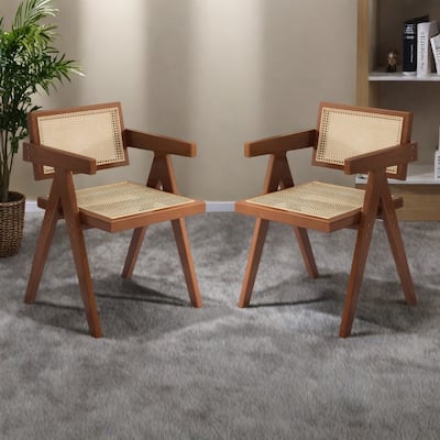 Rubber Wood Mid-Century Accent Chairs with Rattan Backs and Armrests（Set of 2）