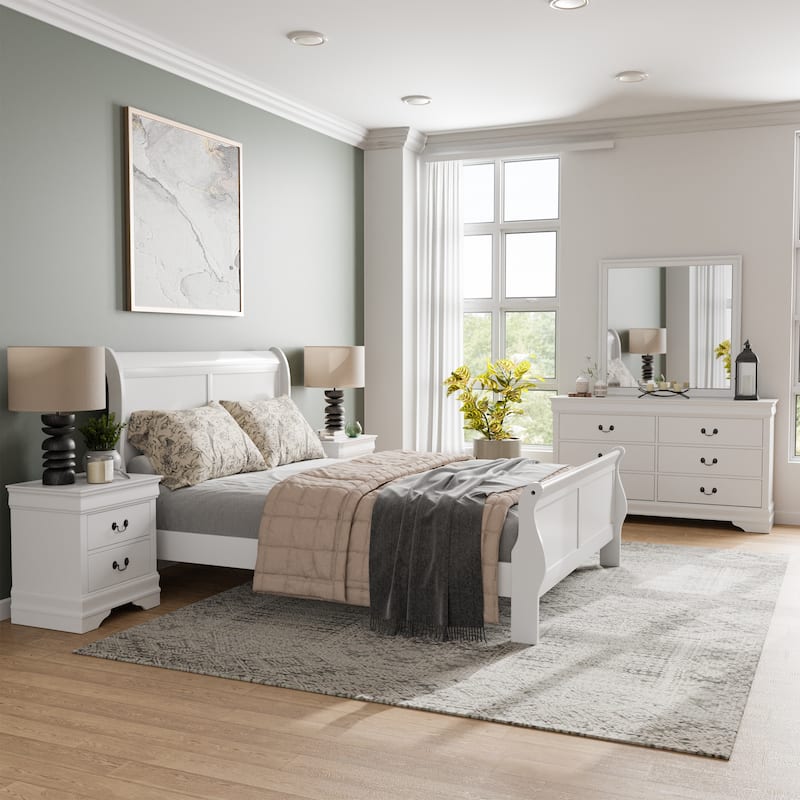 Furniture of America Devi Traditional Solid Wood 5-Piece Sleigh Bedroom Set - White - Queen