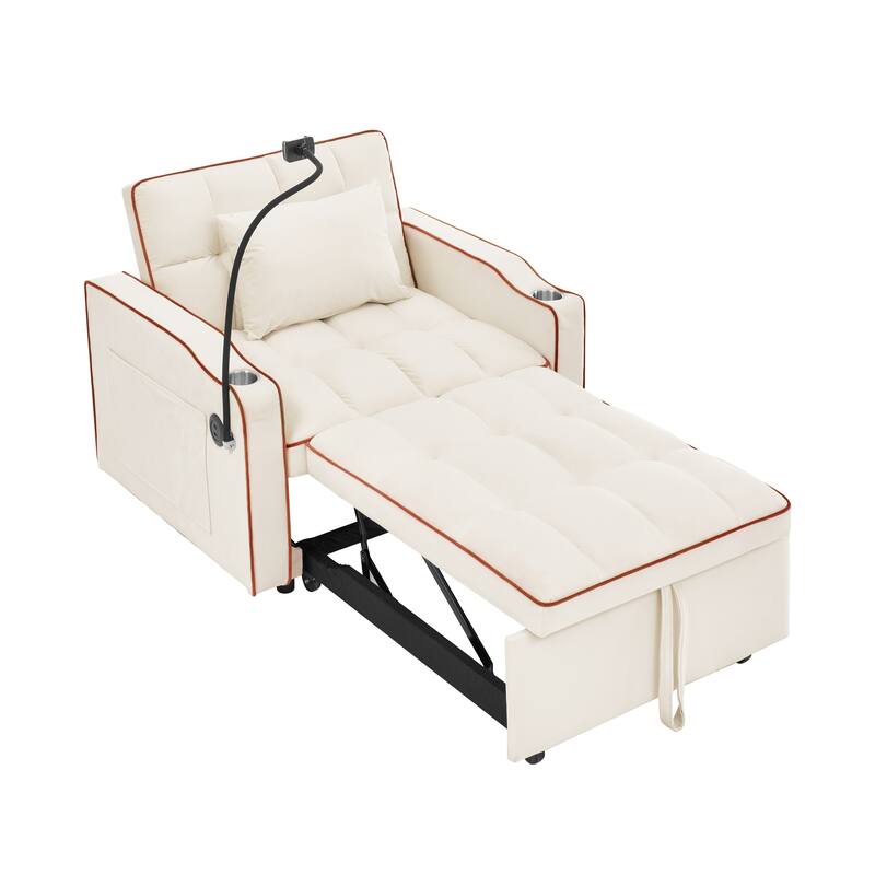 Sleeper Chair Sofa Bed with USB & Type-C Charging, Pull-Out Chaise Lounge, and Cup Holders